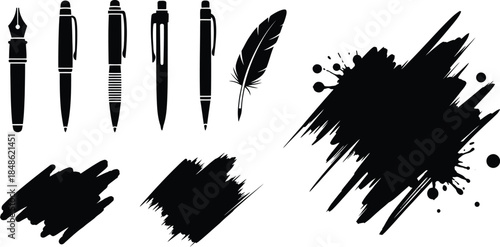 Collection of writing tools including pens quill and ink blots illustration