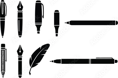 An assortment of writing instruments pens quills and pencils displayed together