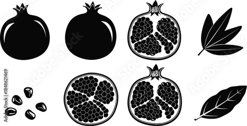 Black and white illustration of pomegranates seeds and leaves in a graphic style