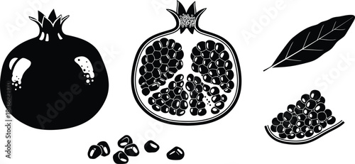 Black and white illustration of a whole and halved pomegranate with seeds