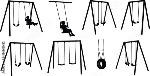 Black and white silhouettes of multiple swing sets and children playing