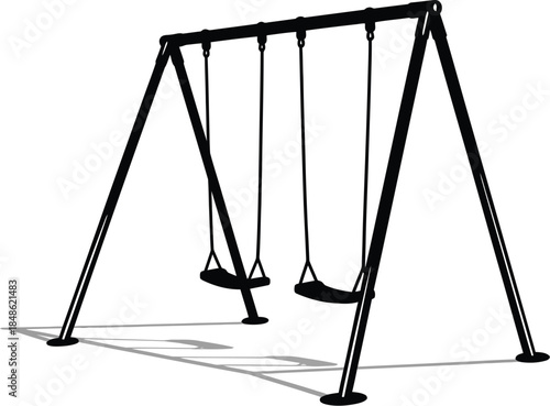 A simple black metal swing set with two swings casting a shadow