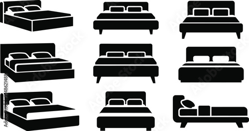 Simple black and white illustrations of various bed and furniture designs