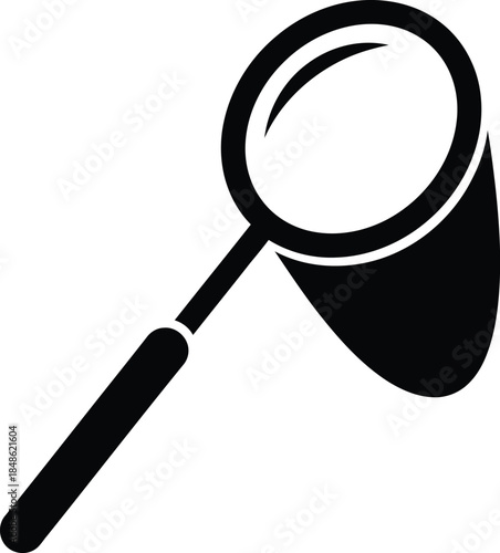 A simple black and white illustration of a magnifying glass icon