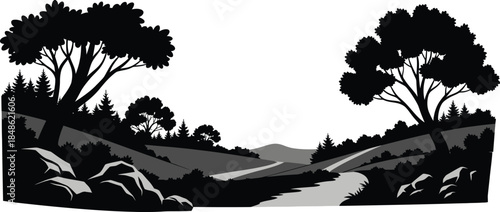 Silhouette landscape with trees rolling hills and a winding river pathway
