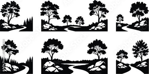 Black and white landscape with trees rocks and a winding river illustration