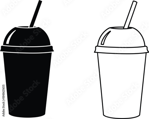 Black and white illustration of two plastic cups with lids and straws