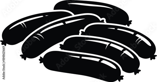A black and white illustration of a pile of uncooked sausages