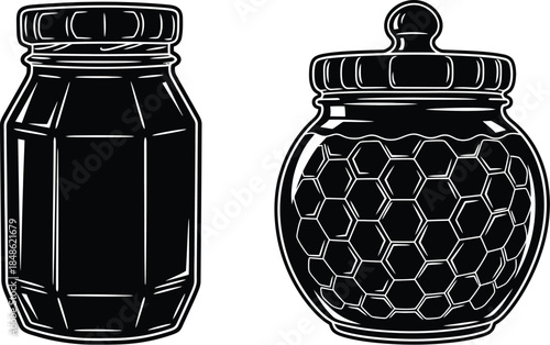 Vintage style honey jars illustration with decorative patterns in black and white