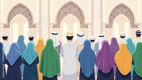 Diverse group of Muslim people gathered together in a mosque during prayer, showcasing unity and religious devotion
