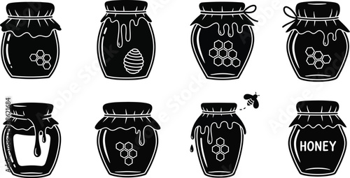 Black and white illustration of honey jars with a bee and dripping honey