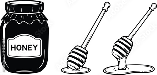 A jar of honey with two honey dippers and dripping honey illustration