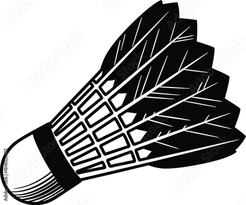 A black and white illustration of a badminton shuttlecock isolated on white