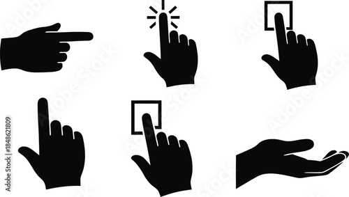 Collection of black silhouette hand gestures indicating directions and interaction