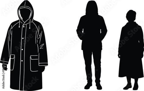 Silhouettes of figures wearing coats and a raincoat depicted in black and white