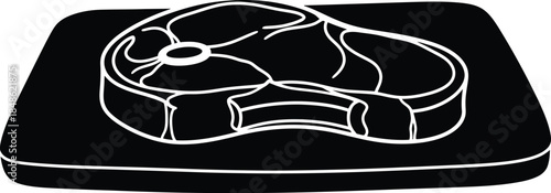 A simple black and white illustration of a raw steak on a tray