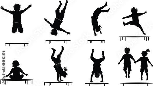 Silhouette illustrations of children performing various acrobatic and playful poses