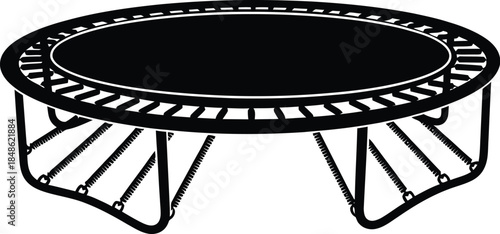 Simple black and white illustration of a round outdoor trampoline