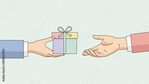 Handing over a colorful gift box with a ribbon to another person's open hand, illustration of giving and receiving