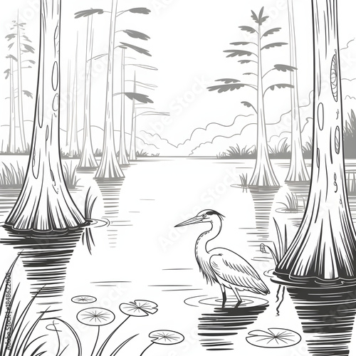 Marshland Heron Line Art Nature Illustration