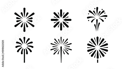 Black fireworks displays arranged in a grid minimalist design silhouette