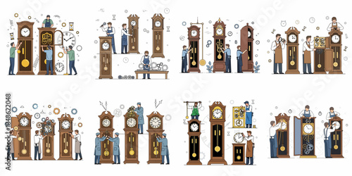 Clock repair service illustrations set. Watchmakers working on mechanism of longcase grandfather clocks, maintaining vintage mechanical timepieces.