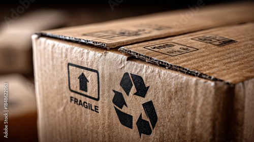 A cardboard box with a fragile sticker on it. The box is brown and has a black arrow pointing up. The box is placed on a table