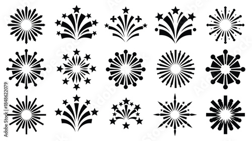 A collection of diverse firework designs presented in black silhouette