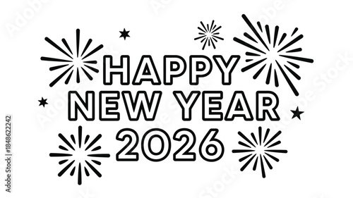 Festive new year greeting with starbursts and bold text a striking silhouette