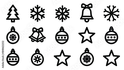 Festive holiday icons featuring a christmas tree snowflakes and ornaments silhouette