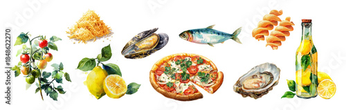 Mediterranean watercolor food illustration with Italian summer dishes, fresh tomatoes, lemons, pasta, and seafood. Perfect for restaurant menus, postcards, or kitchen decor.