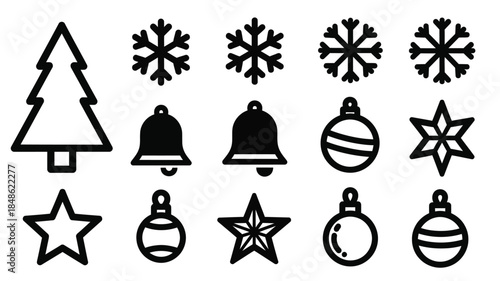 Festive winter holiday icons featuring christmas tree and ornaments silhouette