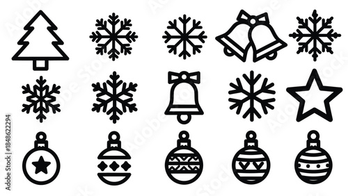 Festive winter holiday icons and decorations in a striking silhouette