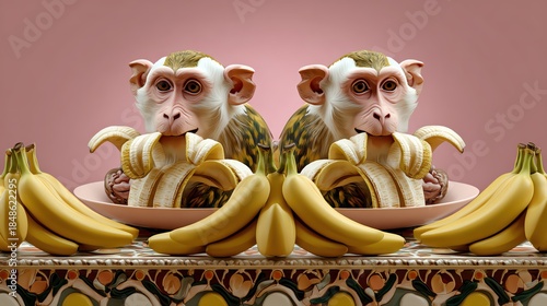 Two playful monkeys enjoying bananas, embodying joy and curiosity in a fun, colorful setting.