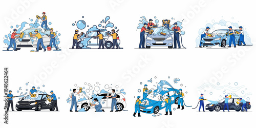 Car wash service illustrations featuring teams of professional workers diligently cleaning and rinsing automobiles with soap and pressure washers.