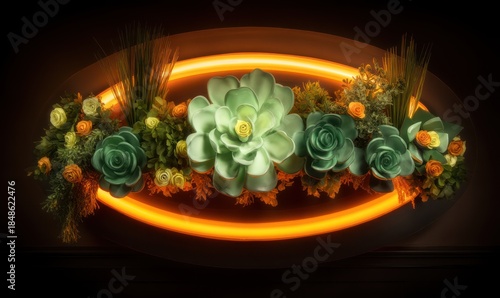 Wallpaper Mural Floral arrangement with glowing neon ring in dark interior setting Torontodigital.ca