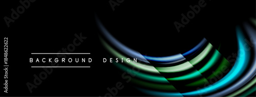 Abstract flowing lines create dynamic visual effect. Dark background emphasizes vibrant color gradients, modern design element.