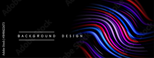 Abstract flowing lines create vibrant waves. Dark background emphasizes colorful design elements. Modern aesthetic, dynamic composition.