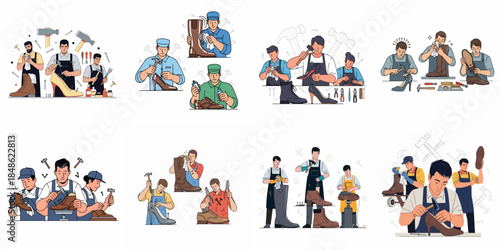 Shoemaker and Cobbler Profession Set: People repairing, polishing, and crafting leather footwear like boots and heels in professional workshop illustrations.