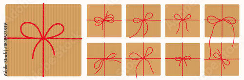 Christmas square gift box, envelope, present wrapped in kraft paper with red baker's twine ribbon bow. Hand drawn set in flat style isolated on white background for New Year, birthday. Vector EPS10