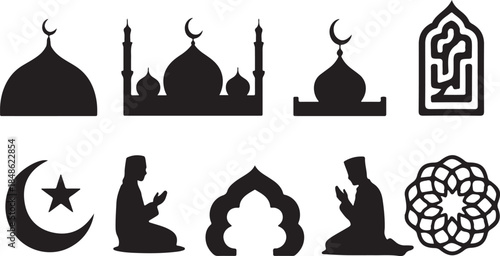 A collection of black silhouettes depicting Islamic architecture, prayer, and religious symbols on a white background.