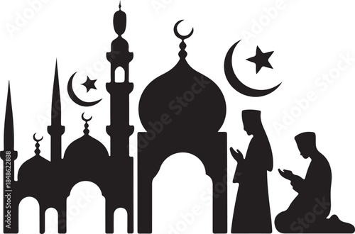 A collection of black silhouettes depicting Islamic architecture, prayer, and religious symbols on a white background.