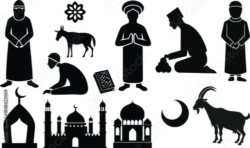 A collection of black silhouettes depicting Islamic architecture, prayer, and religious symbols on a white background.