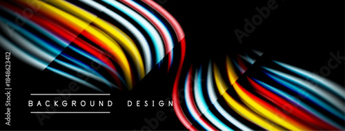 Abstract colorful lines create dynamic flow. Black background emphasizes vibrant curves, modern design element.