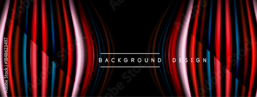 Abstract neon lines create dynamic waves. Black background emphasizes vibrant red, blue, pink hues. Modern design element.