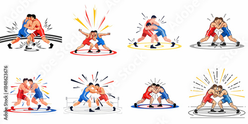 Dynamic vector set featuring eight illustrations of male wrestlers in red and blue singlets competing fiercely in different grappling and action poses.