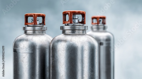 Three silver gas tanks with red caps. The tanks are stacked on top of each other. Concept of stability and strength, as the tanks are securely placed on top of one another
