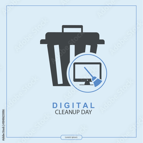 Digital cleanup day card. digital cleanup day square design with large trash bin and computer monitor cleaning icon ideal for campaign badges and social posts. Cleanup digital data.Vector illustration