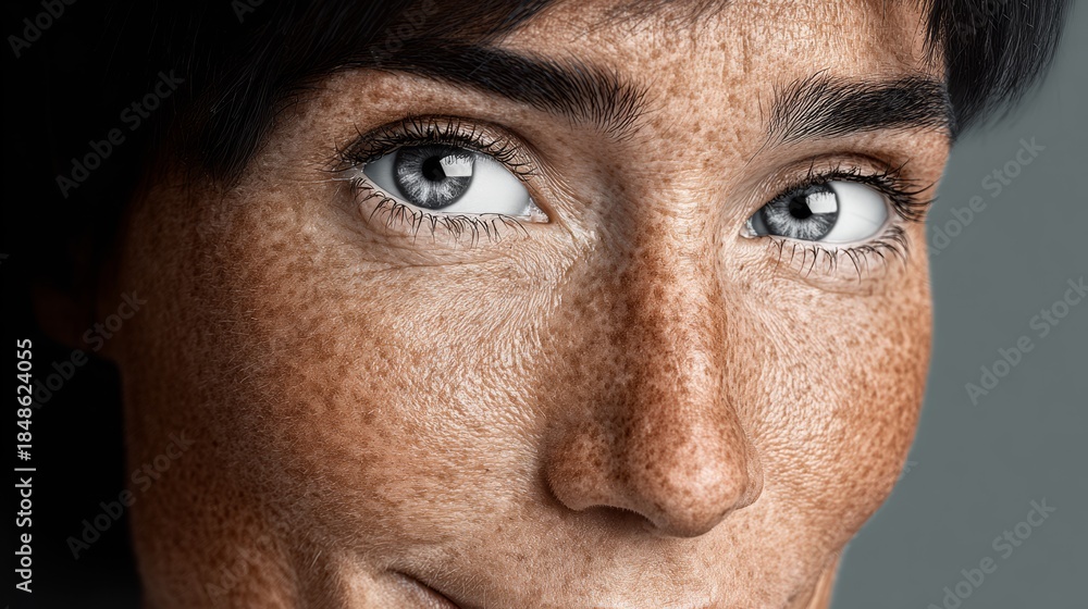 Obraz premium A woman with a very prominent nose and a very prominent eyebrow. The woman is smiling and looking at the camera