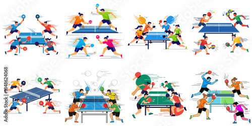 Dynamic Table Tennis Action Set: Flat vector illustrations depicting men and women vigorously playing ping pong singles and doubles matches, emphasizing speed and competition.